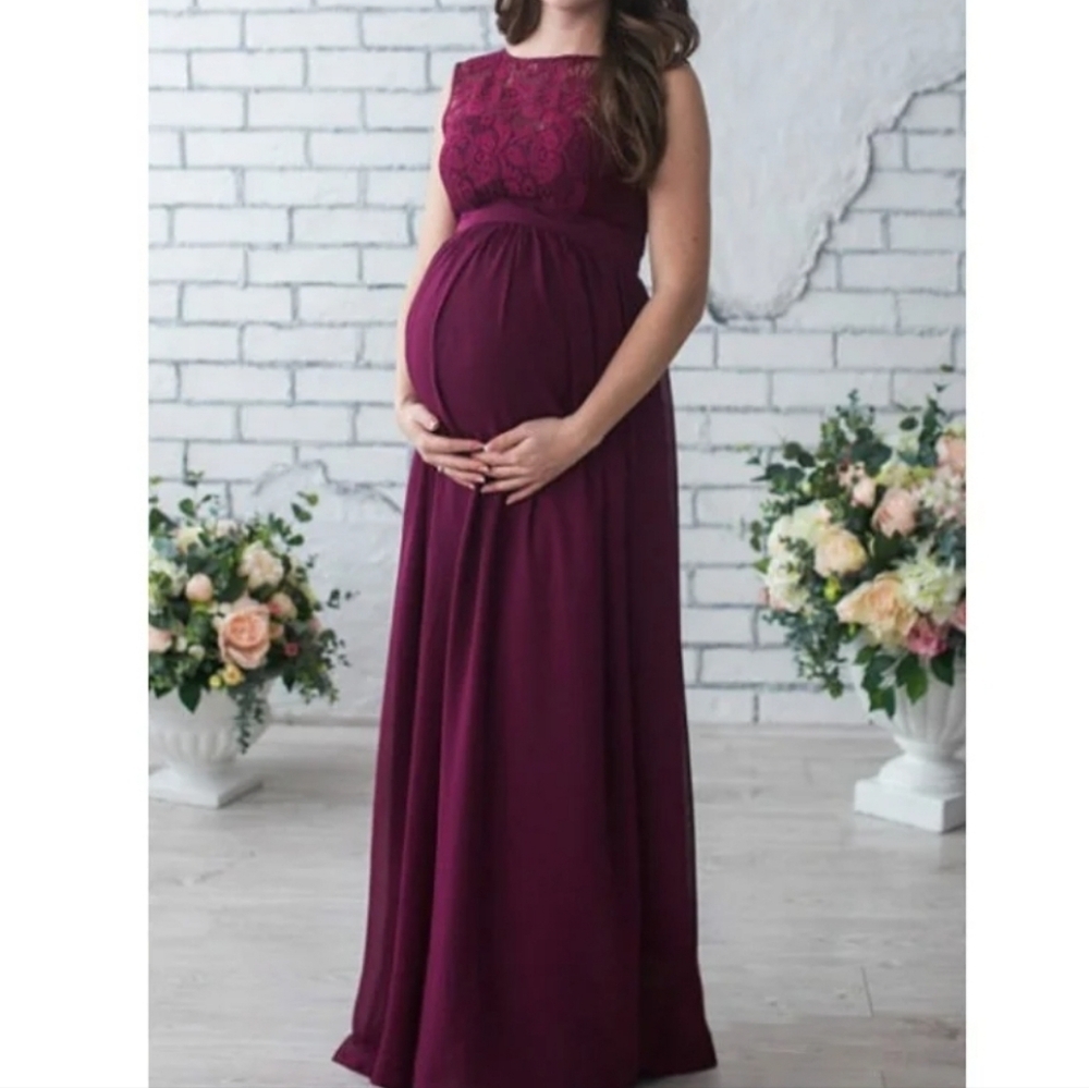 Merlot Colored Size Large Stretch Empire Maxi Dress with Lace Detail